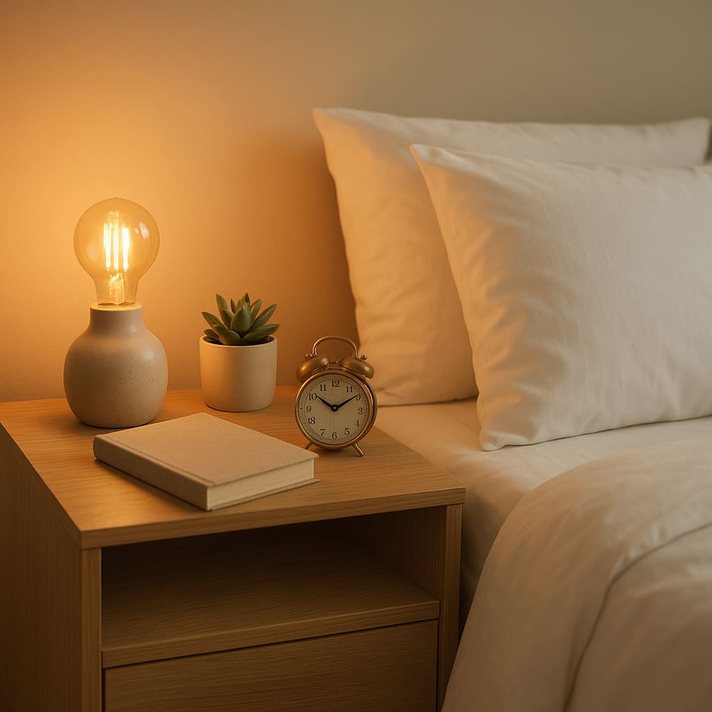 Zimmerdetail mit Nachttisch, warmem Licht und sauberer Bettwäsche