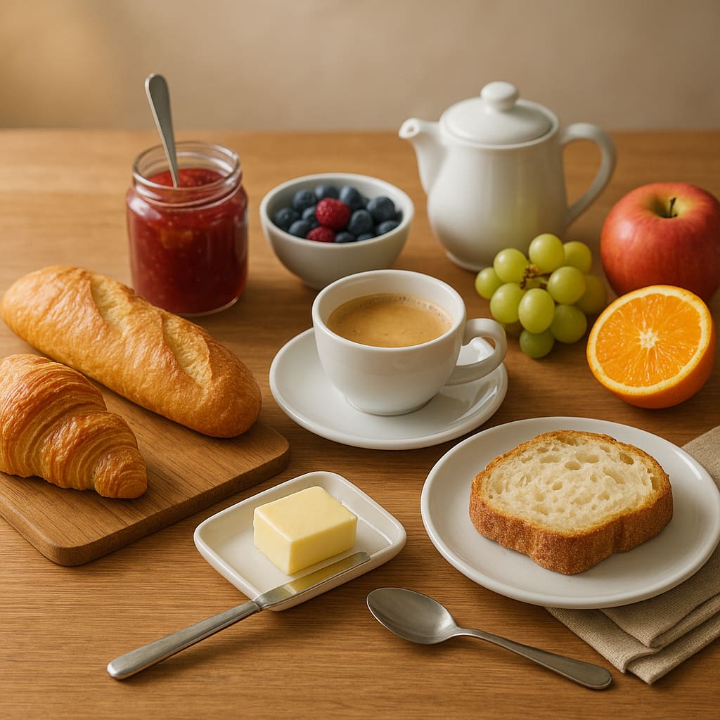 Kontinentales Frühstück mit Brot, Früchten und Kaffee